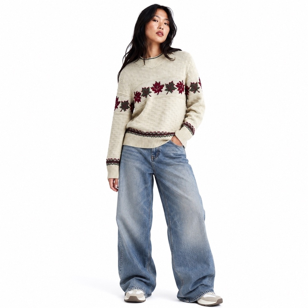 Cotton Country Parkhurst Cotton Sweater Cream Maple Leaf Preppy Cabin Womens M